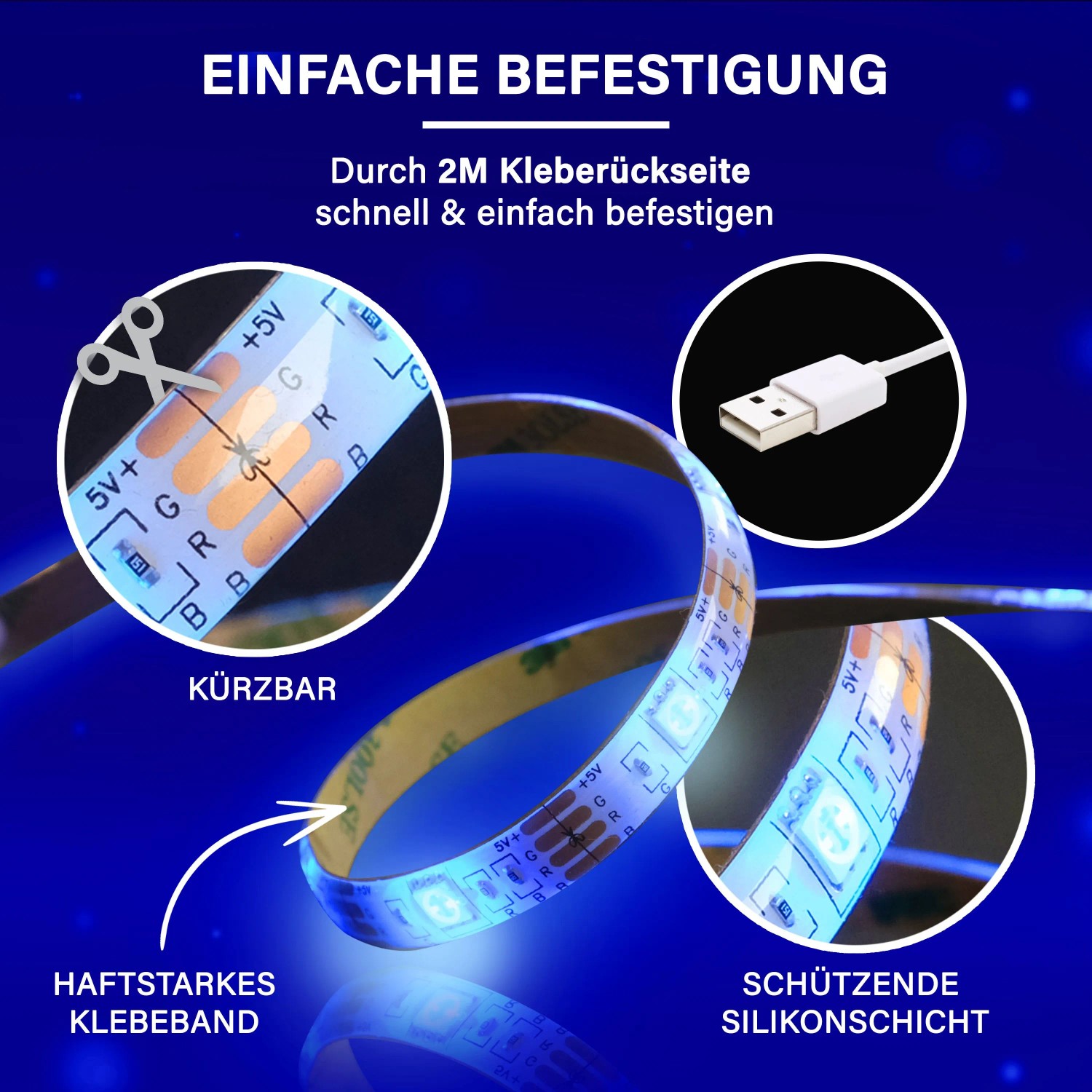MegaLight Smart LED USB-Strip RGB, 200 cm. Kürzbares LED-Band mit Kleberückseite, USB-Anschluss und Silikonschicht.