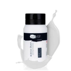 Artina Crylic Acrylfarbe Titanweiß, 500ml Flasche mit Farbspritzer.