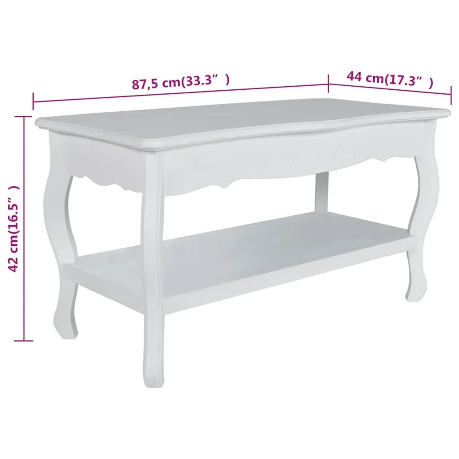 Weißer vidaXL Couchtisch mit Ablage aus MDF und Kiefernholz, 87,5x42x44 cm.