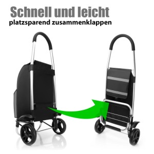 BigDean Einkaufstrolley, klappbar, mit Kühlfach. Vorher/Nachher-Ansicht mit grünem Pfeil.