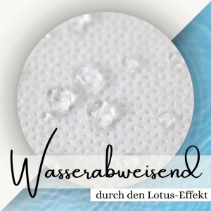 Detailaufnahme: Wasserabweisende, weiße Sensalux Tischdecke mit Lotuseffekt. Getränke perlen ab.