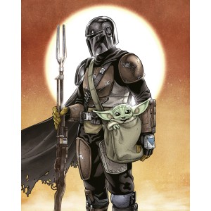 Mehrfarbige Star Wars Fototapete: The Mandalorian mit Grogu vor hellem Hintergrund.
