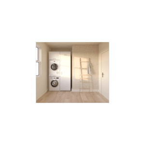 Weißer Waschturm Waschmaschinenschrank Slimline 3.4 mit gestapelter Waschmaschine und Trockner in modernem Raum.