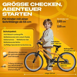 PROMETHEUS BIKES Kinderfahrrad 20 Zoll PRO ab 6 Jahren Ultraleicht 7-Gang Premium Orange Schwarz