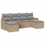 Beiges 6-teiliges Garten-Sofa-Set aus Rattan mit grauen Kissen.