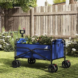 Blauer, faltbarer WOLTU Bollerwagen mit Bremsen, max. 80 kg, im Garten.