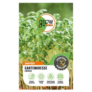 GROW by OBI Gartenkresse Einfache, Samenpackung mit grünen Kresseblättern.