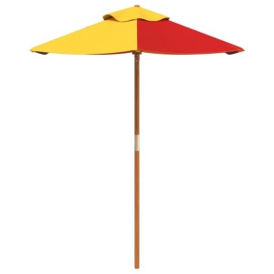 Farbenfroher Sonnenschirm für Kinder mit Holzstiel, ideal für den Garten.