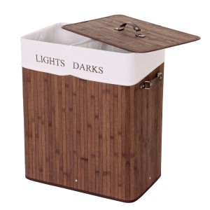 Brauner MCW Wäschekorb aus Bambus mit Deckel, 100l, zwei Fächer für helle und dunkle Wäsche.