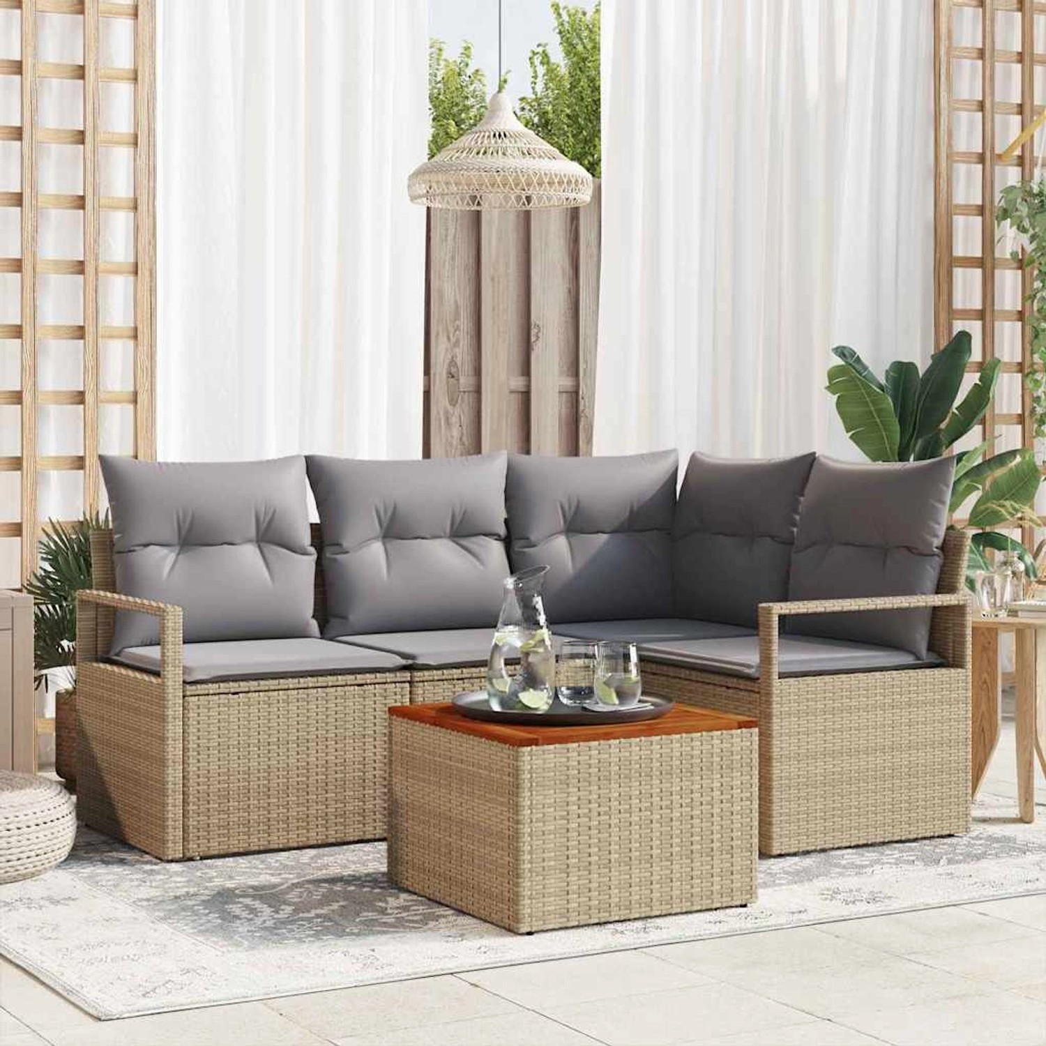 vidaXL Garten-Sofa-Set mit Kissen 5-Tlg Beige Poly Rattan 3347700 günstig online kaufen