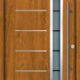 Splendoor Thermospace Haustür Berlin Prime, Golden Oak, mit Glasausschnitt und Edelstahl-Applikationen.