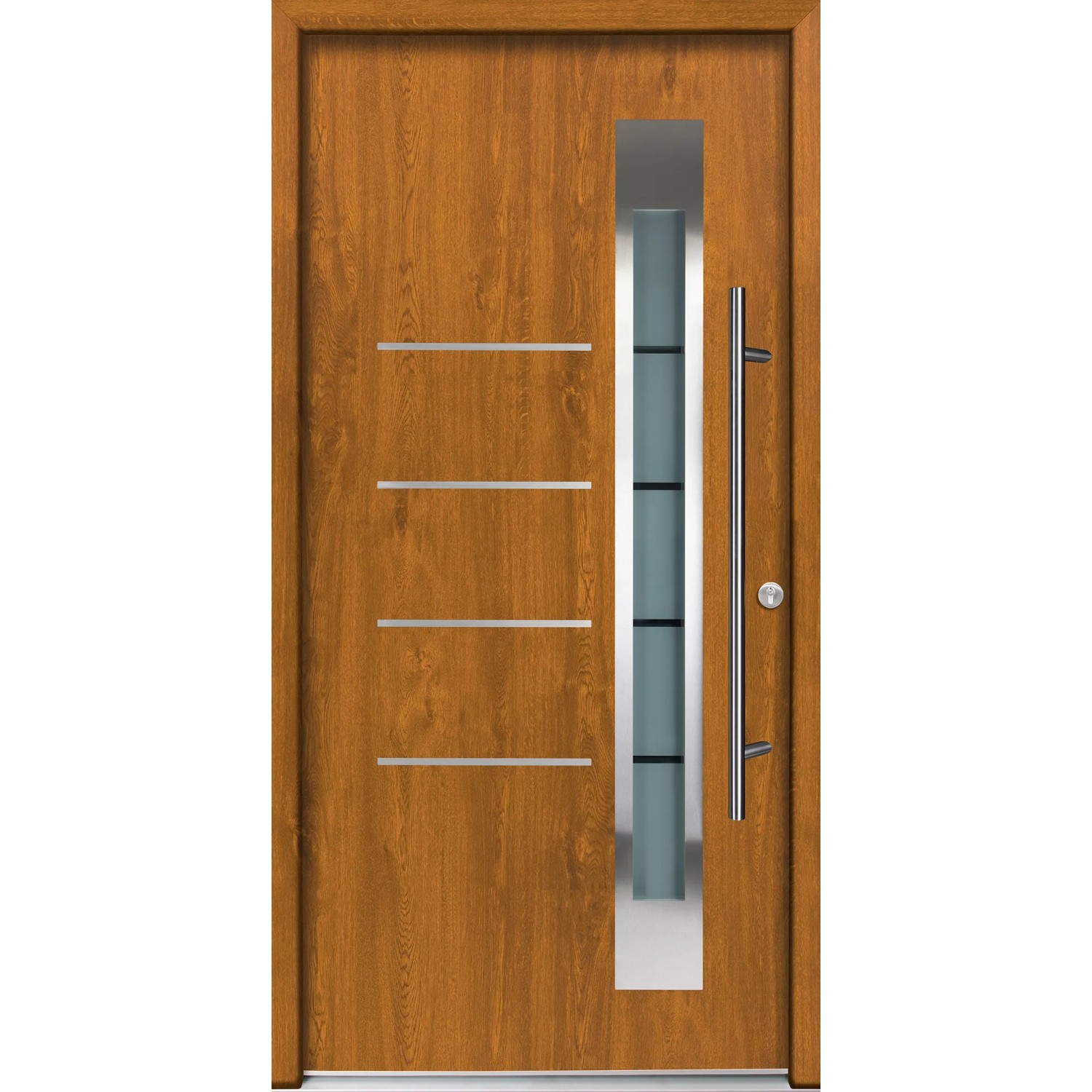 Splendoor Thermospace Haustür Berlin Prime, Golden Oak, mit Glasausschnitt und Edelstahl-Applikationen.