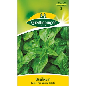 Samenpackung Quedlinburger Basilikum 'Grün' mit frischen, grünen Basilikumblättern.