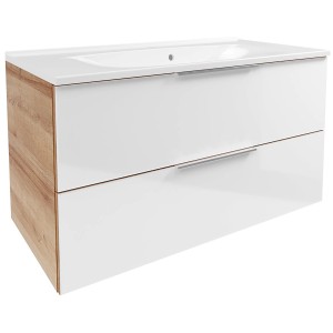 Fackelmann Waschplatz-Set B.Brillant, 100 cm, Asteiche/Weiß. Badmöbel-Set mit Gussmarmor-Waschtisch und zwei Schubladen.