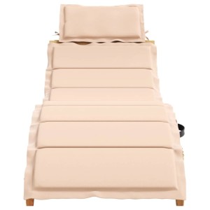 Beige Sonnenliege aus Akazienholz mit Auflage und Kissen, von oben.