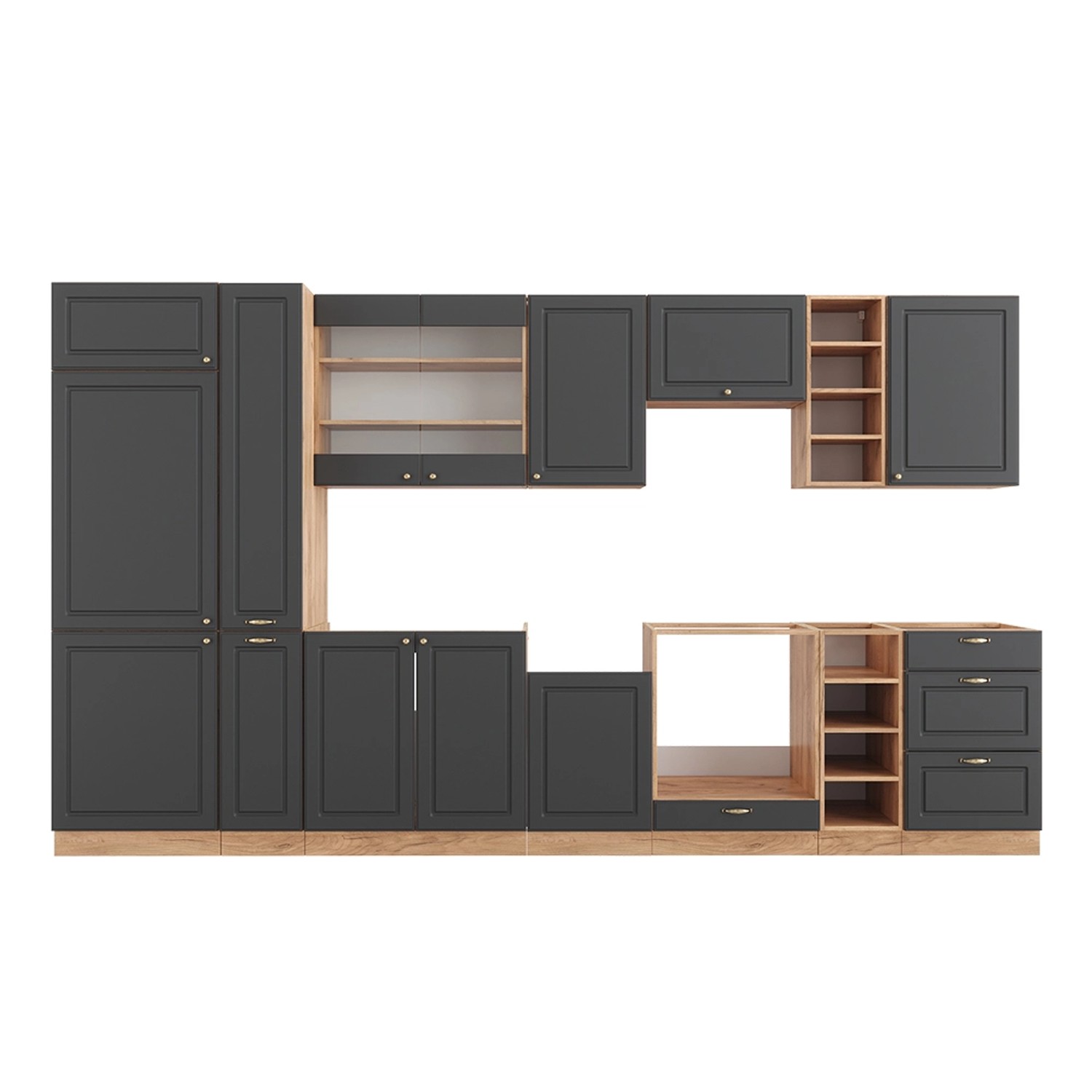 Vicco Fame-Line Küchenzeile Anthrazit Landhaus/Goldkraft Eiche 355 cm ohne günstig online kaufen