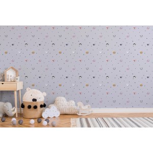 Grau-weiße Vliestapete mit Tiermotiven für das Kinderzimmer, FSC®-zertifiziert.