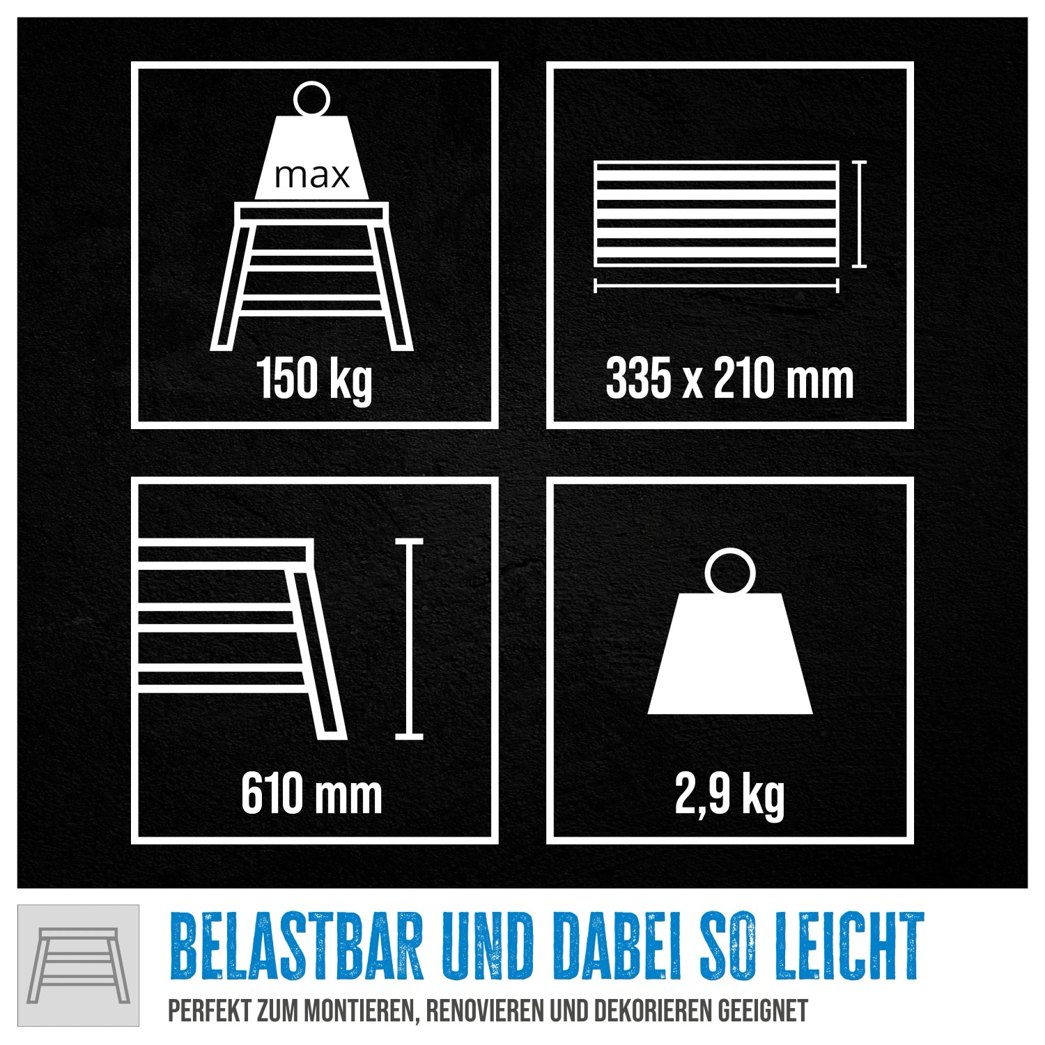 Aluminium Trittleiter GAT 3S: Infografik zu Belastbarkeit, Maßen und Gewicht.
