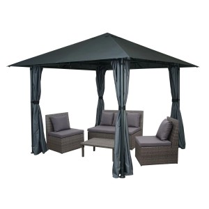 Anthrazitfarbene MCW Pergola J63 mit Dach und Seitenwänden, inklusive Sitzgruppe.