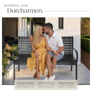 Schwarze Tectake Gartenbank Pino für 3 Personen aus Stahl und Kunststoff.