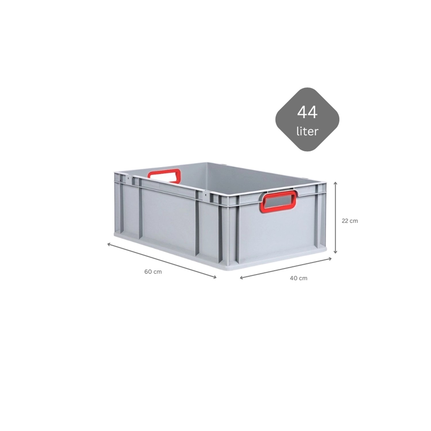 Graue PROREGAL Eurobox 40x60x22cm mit roten Griffen, offen. Ideal zur Aufbewahrung.