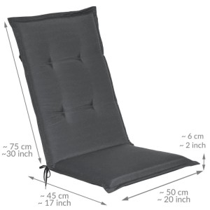Graphitgraue Beautissu Loft HL Hochlehner-Auflage 120x50x6cm. Komfortables Gartenstuhl-Sitzkissen mit Heftungen und Bändern.