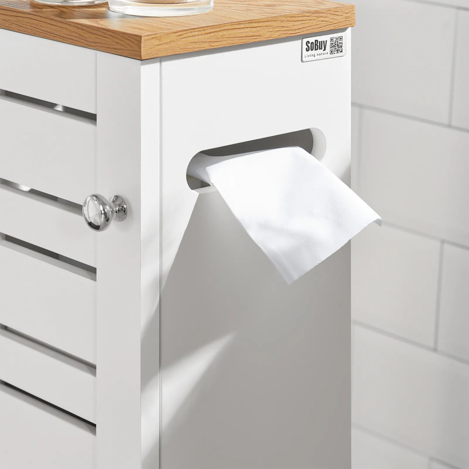SoBuy Toilettenrollenhalter BZR85-W, weißes Bad-Standregal mit Holzplatte und Toilettenpapier.