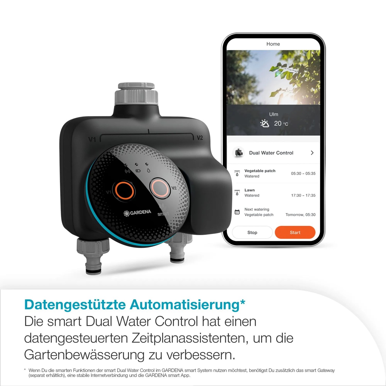 Gardena Smart Dual Water Control Bewässerungscomputer mit App-Steuerung und Smartphone.
