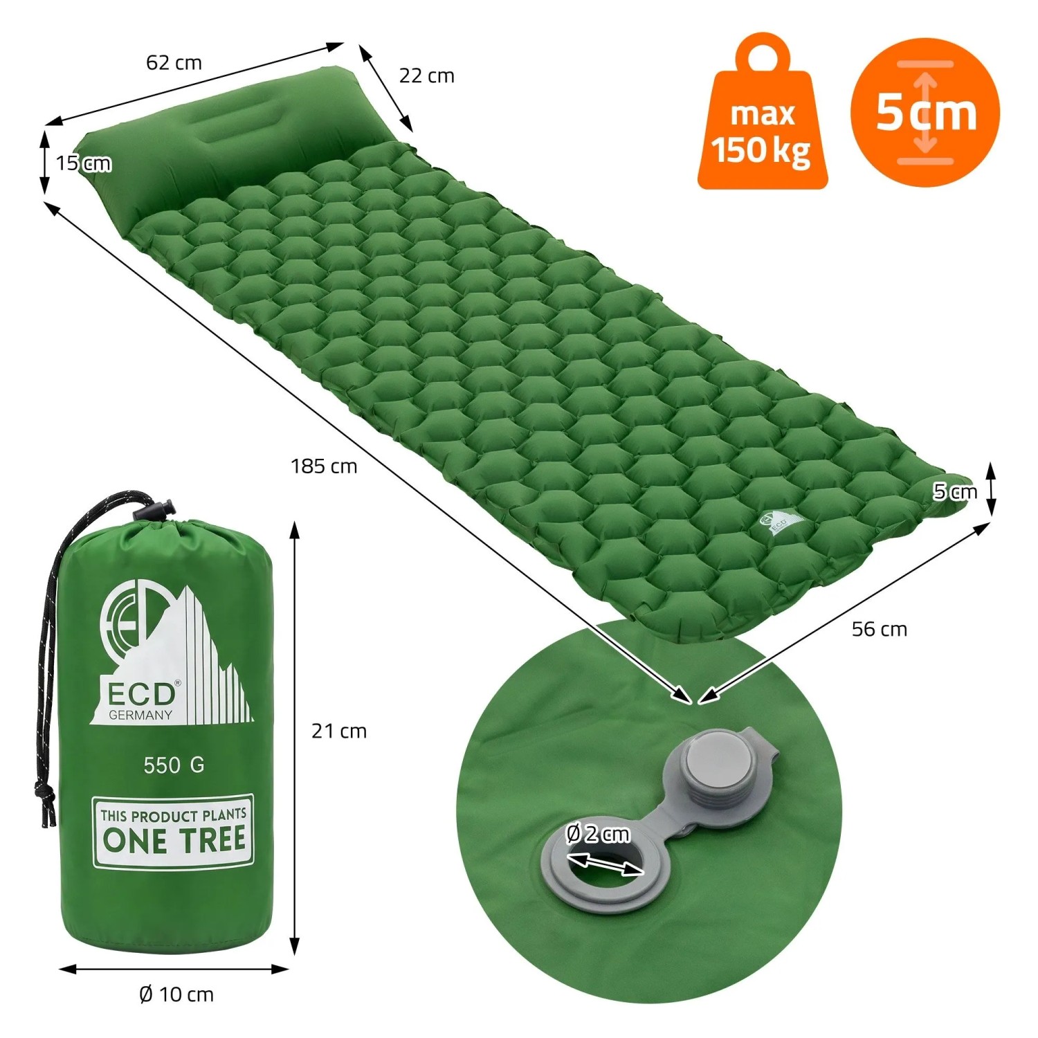Grüne ECD Germany Isomatte Camping, 185x62x15 cm, aus Nylon mit Packtasche.