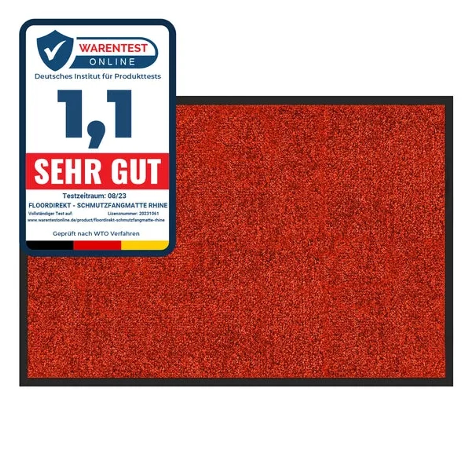 Rote Karat Schmutzfangmatte Rhine, 90x300 cm, mit "Sehr Gut" Warenzeichen, für den Eingangsbereich.