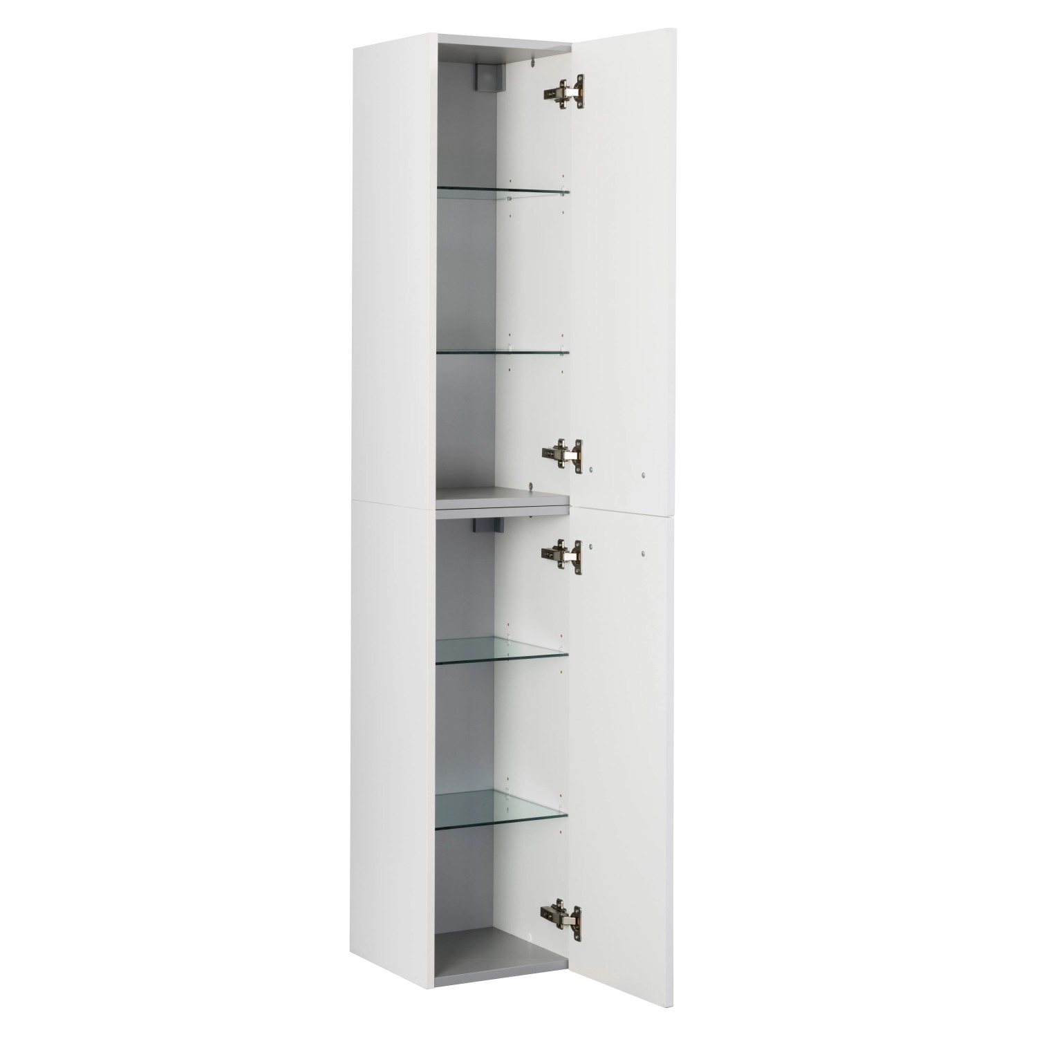 Offener, weißer Fackelmann Bad-Hochschrank HYPE 3.0 mit Glasböden, 30 cm breit.