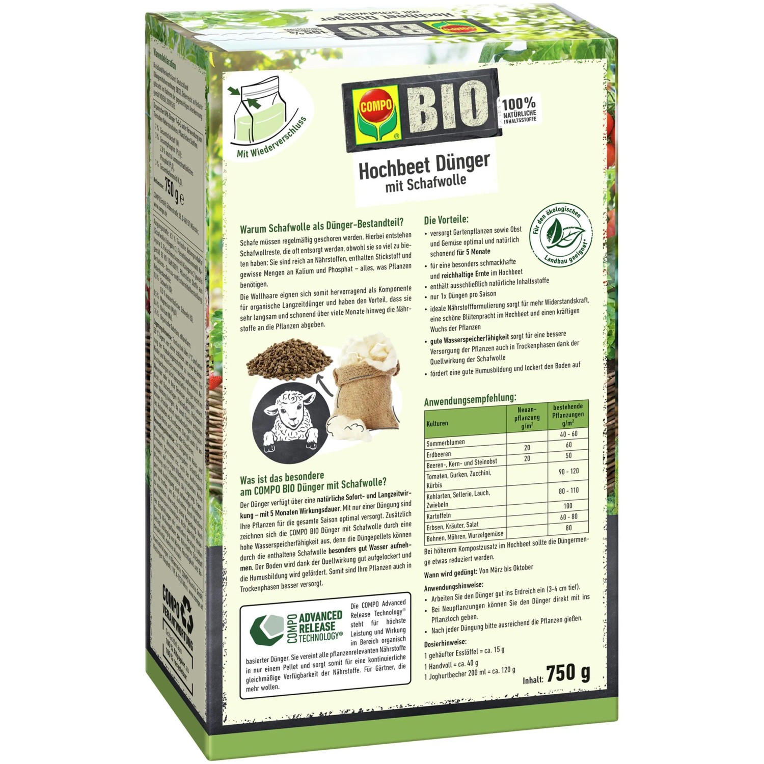 Compo Bio Hochbeetdünger mit Schafwolle, 750g Packung für Gemüse und Kräuter im Hochbeet.