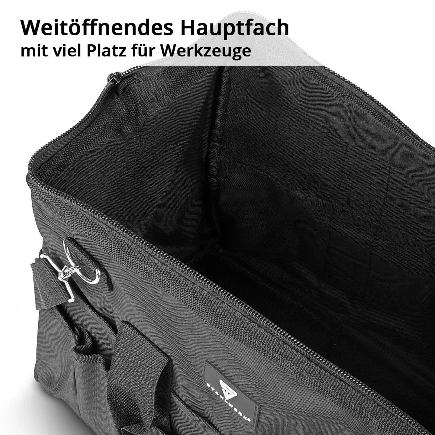 STAHLWERK Werkzeugtasche, schwarzes, weit geöffnetes Hauptfach mit viel Stauraum und Innenfächern aus Polyester.