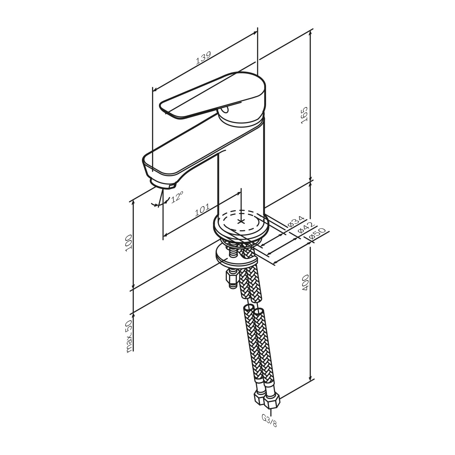 Technische Zeichnung: AM.PM Einhebel-Waschtischarmatur Hit, weiß, mit Maßen.
