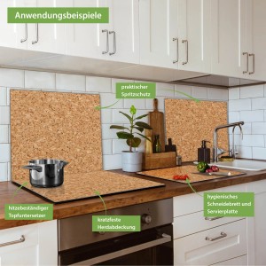Banjado Herdabdeckplatte aus Glas mit Kork-Motiv als Schneidebrett und Spritzschutz in Küche.