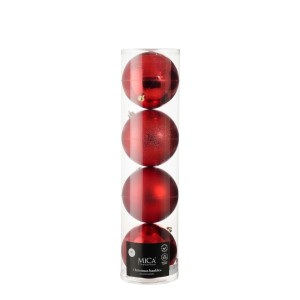 Vier rote, bruchfeste Mica Decorations Weihnachtskugeln (Ø 20 cm) in transparenter Verpackung. Glänzend und matt.