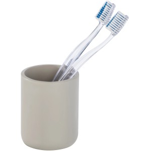 Wenko Zahnputzbecher Planet Taupe mit zwei Zahnbürsten.