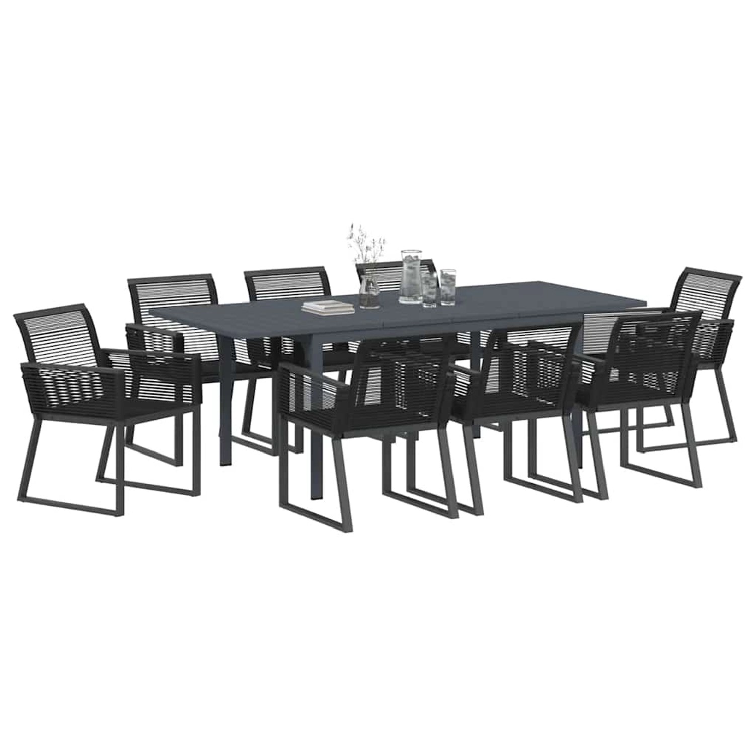 Schwarze 9-teilige Garten Essgruppe aus Poly Rattan von vidaXL mit Tisch und 8 Stühlen.