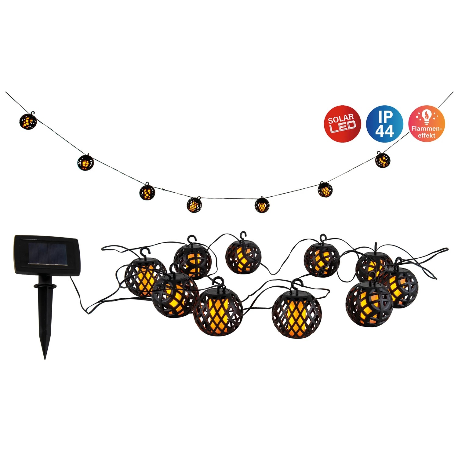 Schwarze Näve LED Solar Lichterkette Fogo mit Kugeldesign und Flammeneffekt.
