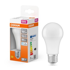 Osram LED-Leuchtmittel E27 in Glühlampenform, 13W, 1521 Lumen, tageslichtweiß, neben Verpackung.