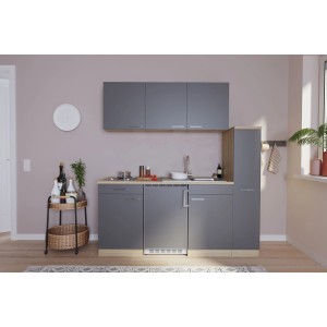 Respekta Küchenzeile KB180ESG in Grau und Eiche Sonoma Nachbildung mit Spüle und Kühlschrank.