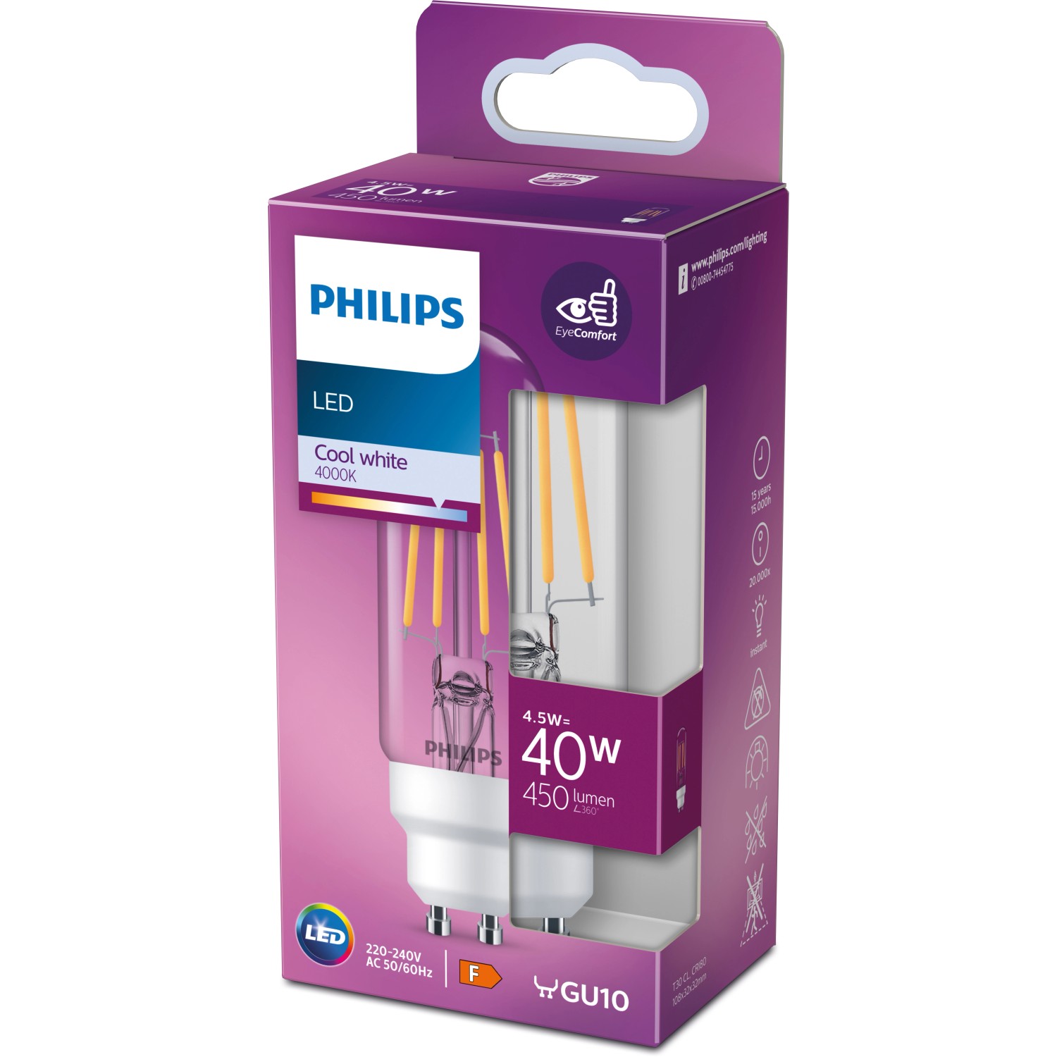 Philips LED-Leuchtmittel GU10, 4,5W, Neutralweiß, in Produktverpackung.