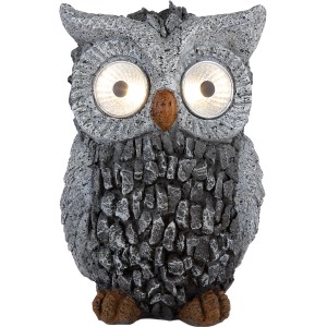 Graue Globo LED Solar-Eule aus Kunststoff für den Garten. Deko-Leuchte mit warmweißem Licht.