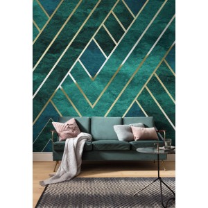 Komar Vlies Fototapete Artdeco, 300x250cm, mit grün-goldenem geometrischen Muster im Wohnraum.