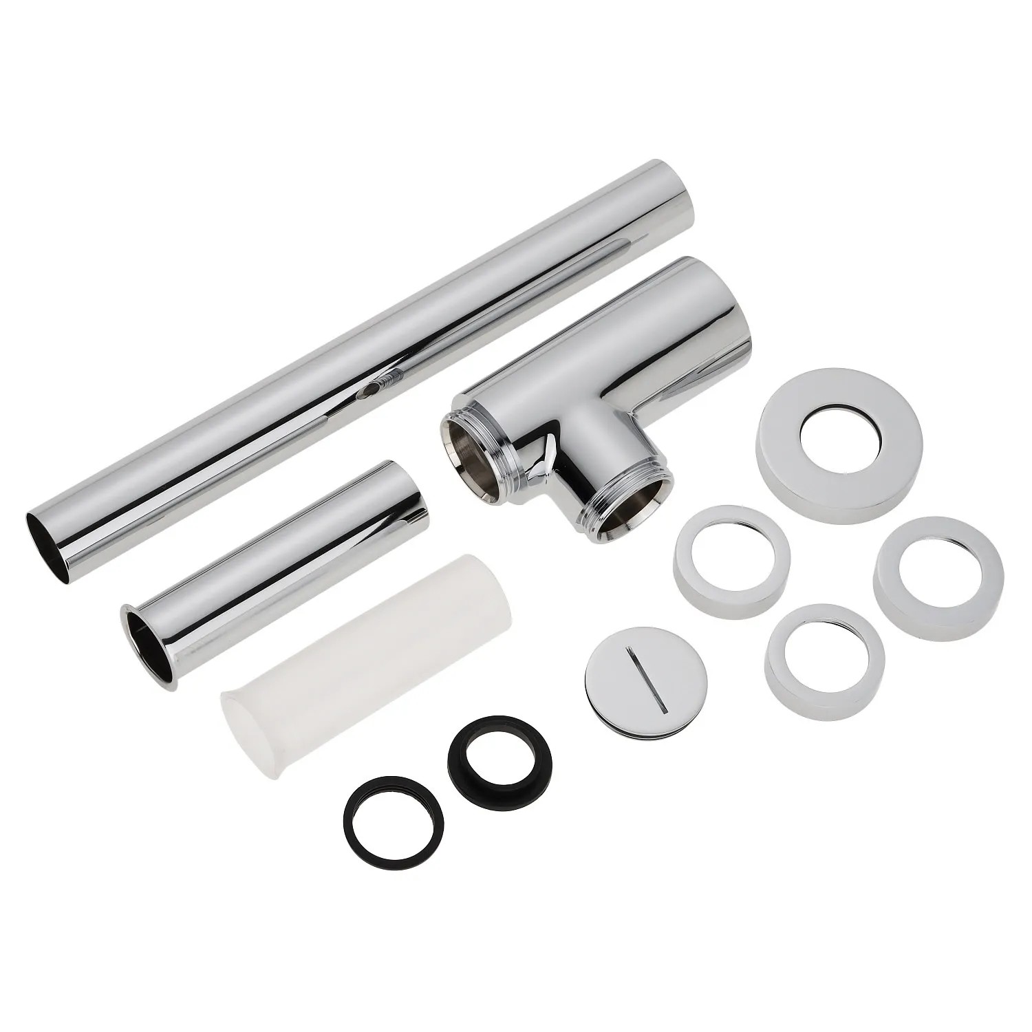 Kronenbach Design-Siphon, rund, mit Universalanschluss 1 1/4 Zoll in Chrom, Einzelteile.