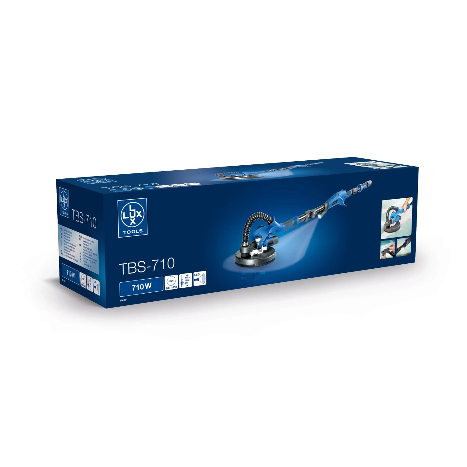 Verpackung des LUX Trockenbauschleifer TBS-710. Schleifmaschine mit LED-Arbeitsleuchte und Teleskopfunktion.