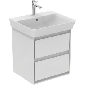 Ideal Standard Connect Air Waschbeckenunterschrank, weiß, 48 cm breit, mit zwei Schubladen und Aufsatzwaschbecken.