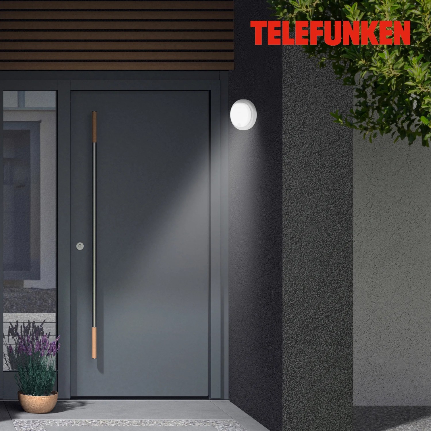 Telefunken LED-Außenleuchte Dortmund, silberfarbig, mit Bewegungsmelder an Hauswand.