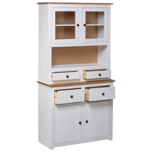 Weißes Highboard aus Kiefernholz mit Schubladen und Glastüren, 93x40,5x180 cm. Büroschrank im Landhausstil.