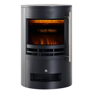 Schwarzer zylindrischer HOMCOM LED Elektrokamin mit realistischem Flammeneffekt und Heizfunktion. Modernes Design.